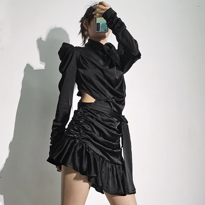 

XIZIHUAN Solid Ruched Dress For Women Bow Collar Puff Long Sleeve High Waist Hollow Out Irregular Hem Mini Dresses Females Style