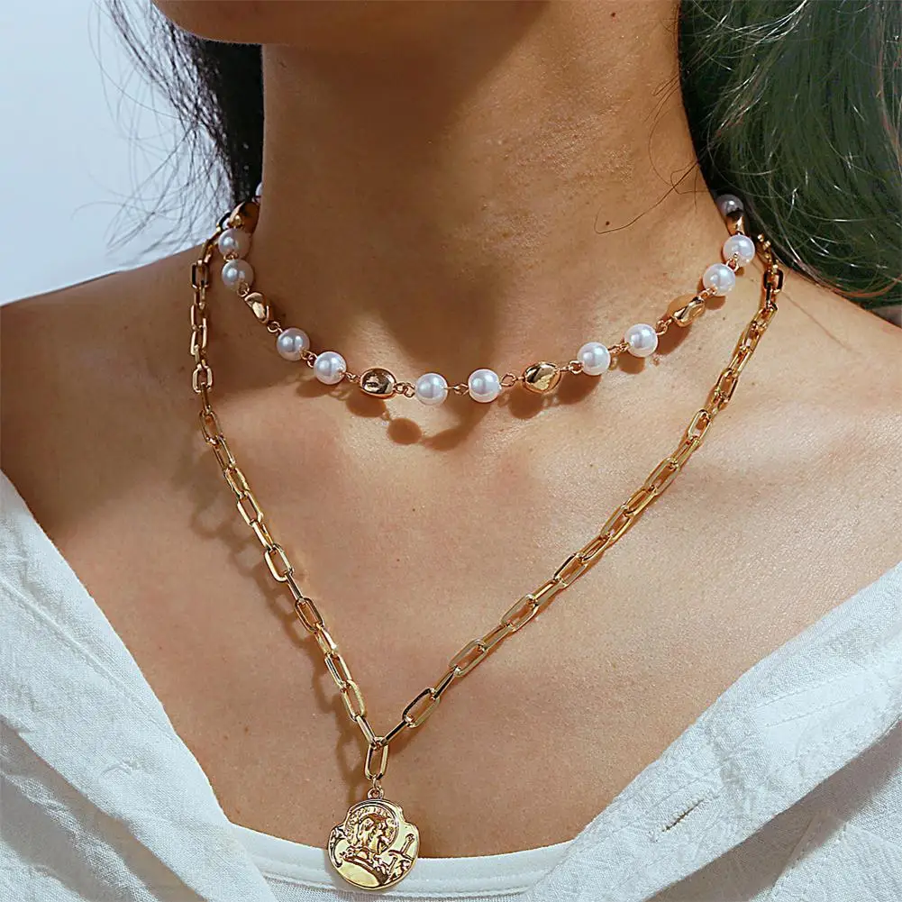 Женские ретро простые неправильной формы головы печатка двойной слой жемчужное