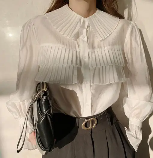 

French style elegant lapel ol shirt women pleated lantern sleeve vintage top blouse
