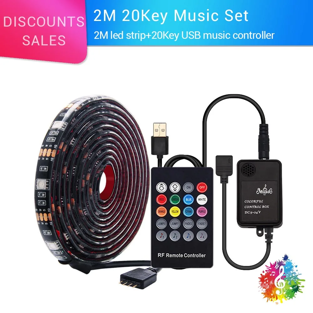 5050 RGB USB светодиодный набор полос с 20Key RF пульт дистанционного управления светодиодный музыкальный контроллер USB светодиодный светильник полоса для телевизора фоновая лампа лента светодиодный лента - Испускаемый цвет: 2M