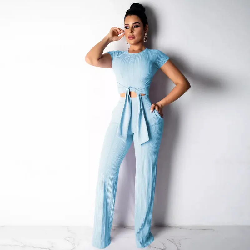 

Women 2 Piece Set Crop Top Pants Bodycon Outfits Tracksuit Solid Color Slim Fit T-Shirt Long Pants Casual Set 2020 Spring New