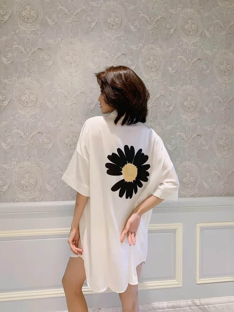 

Lady White Shirt Print Floral Nightgown Sexy Turn-down Collar Half Sleeve Nightdress Sleepshirt Loungewear Home Dress Skirt