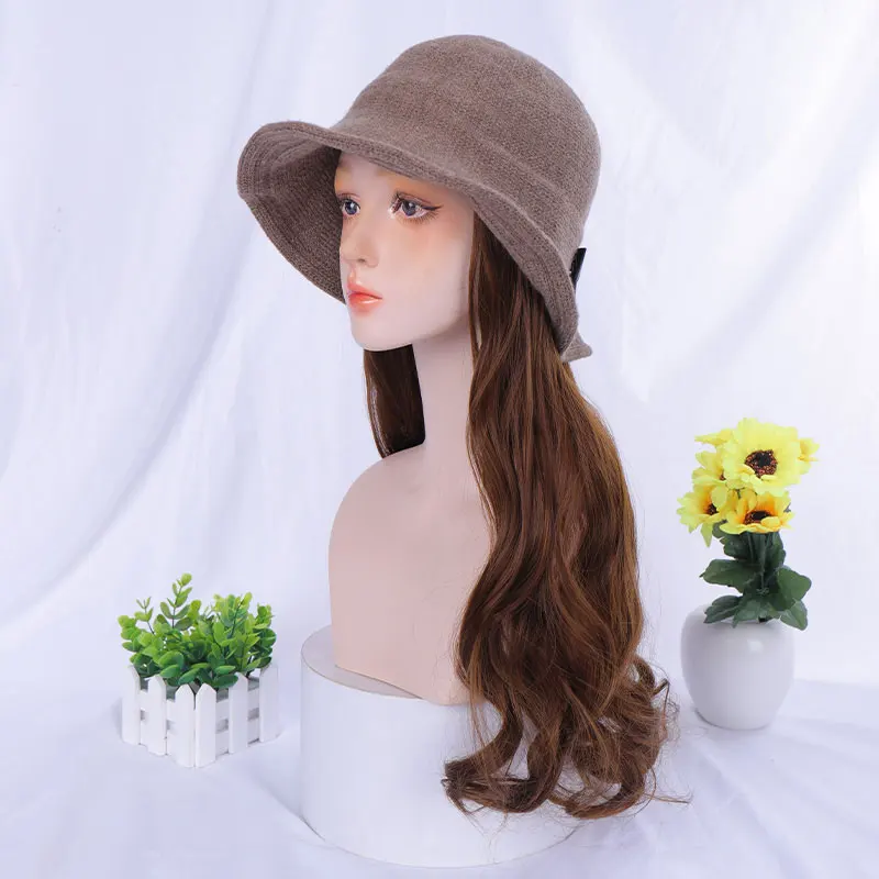

Synthetic Long Curly Hair with Hat Wig Natural Hair Color Brown Black Long Hair Extension for Women daily wear hat