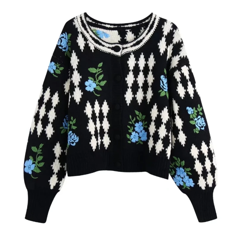 

Women Flower Embroidery Jacquard Knitted Sweater Female O Neck Long Sleeve Pullover Casual Lady Loose Tops SW1553