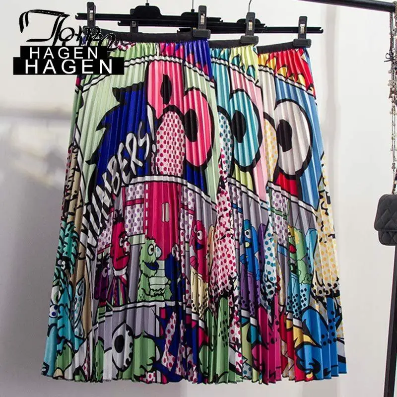 Женская плиссированная юбка с мультяшным принтом высокой талией|Женские юбки| |