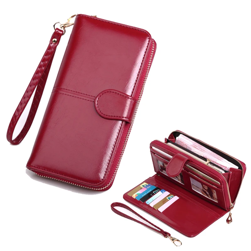 

Fashion Women's Large-capacity Wallet Oil Wax Leather Purse Long Zipper Mobile Phone Bag Ladies Oil Leather Wallet Card Holder