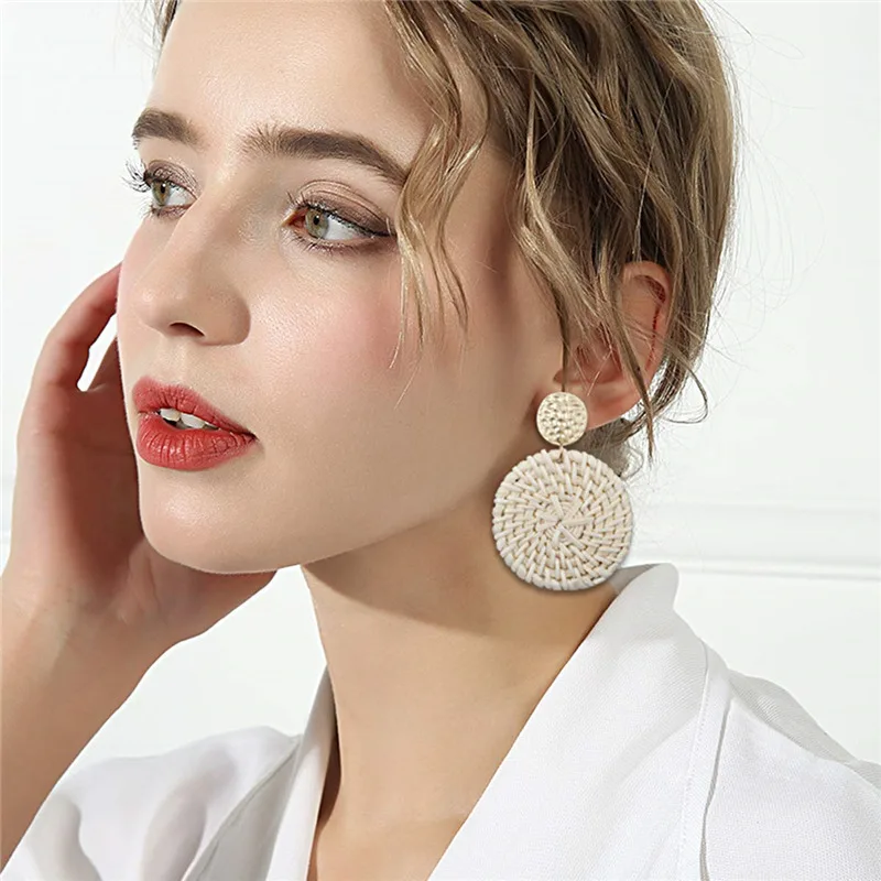 

bohemia wicker rattan knit earrings ethnic wood bambooweaving geometric circle statement drop earrings for Women Jewelry 2019