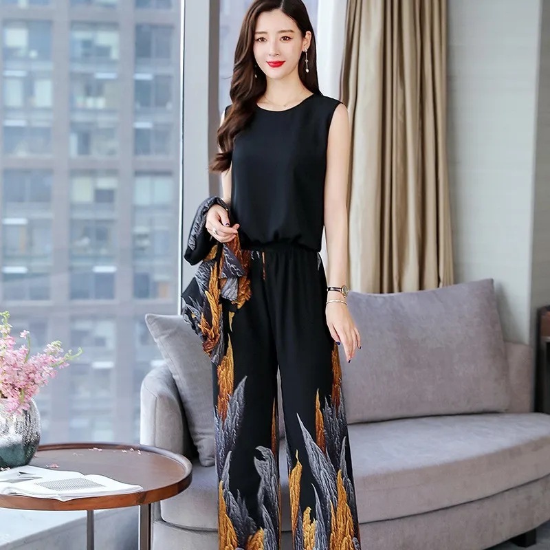 Summer New Women 3pcs Set Vintage Floral Printed Long Coat Wide Leg Pants Outfits Suit OL Style Elastic Waist Ensemble Femme