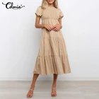 Элегантное женское платье-миди Celmia, лето 2021, пышный короткий рукав, а-силуэт, плиссированный вечерний сарафан, однотонные повседневные Длинные платья