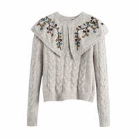 women o neck flower embroidery shawl knitting short sweater female long sleeve pullover casual lady loose tops
