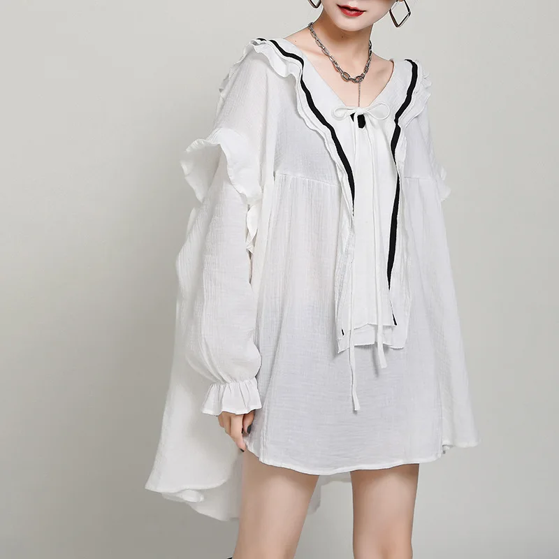 

V-neck Lotus Leaf Edge Loose Dress Women's Autumn/winter 2021 New Two Wearing Bumpy Fried Street Design Tea Break Dress