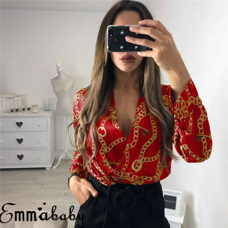 Женский винтажный комбинезон с длинным рукавом V-образным вырезом и принтом