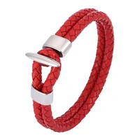 punk men jewelry black red double braided leather bracelet stainless steel easy hook metal buckle male leather wristband sp0592