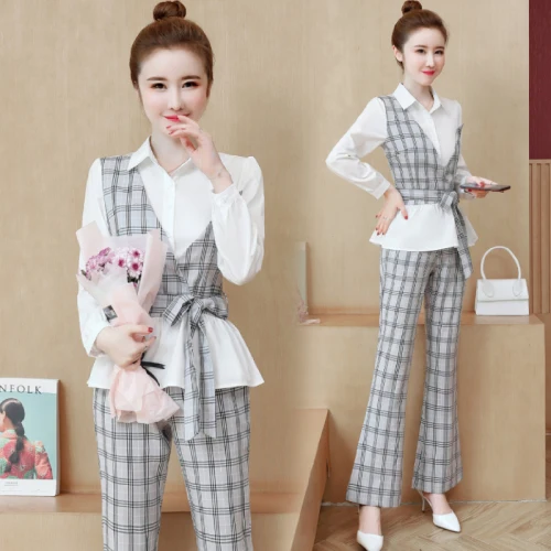 

Fashion Wholesale Clothing Women Set Plaid Ensemble Femme 2 Pieces Pantalon Elegant Bow Tie Top&pants Set Woman Suit