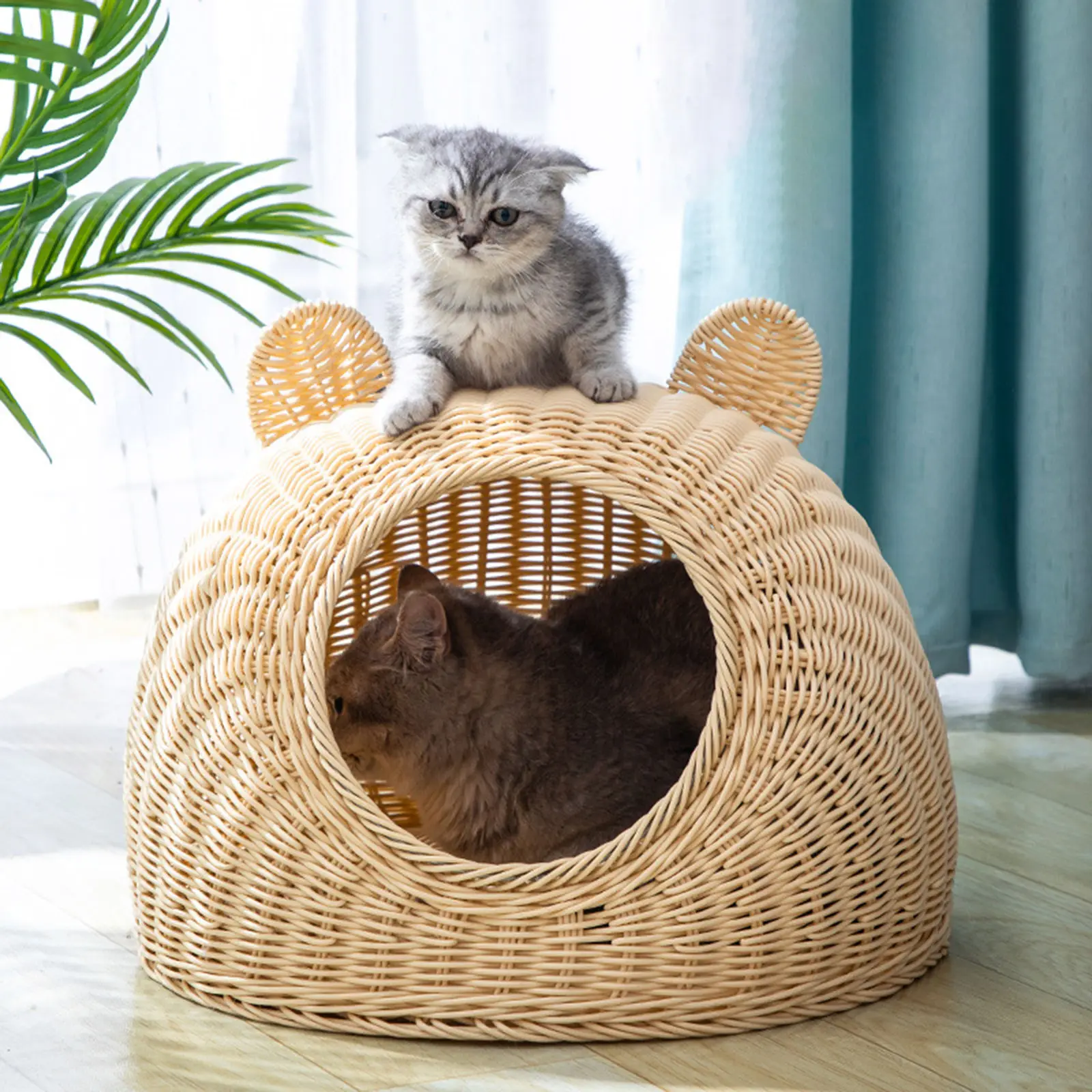 

Rattan Cat Bed Cage Hideaway House Interactive Play Cat House for Indoor Cats Kitty, Pet Friendly House Entry Cat Bed Dome