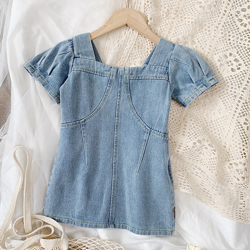 

Hollead Children Denim Dresses Girls Casual Mini Short Dresses Soft Jeans Clothing Summer Puff Sleeve Dresses Costume 2-8 Years