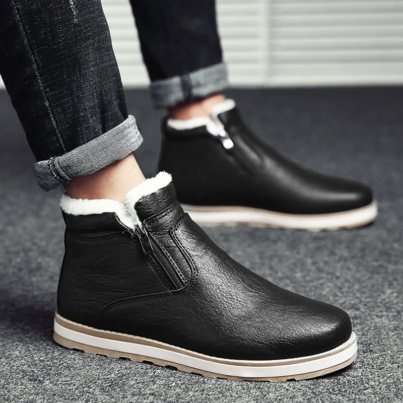 

2021 Winter Snow Boots Solid Color Ankle Boots for Male Casual Round Toe Shoe Man Short Plush Slip-On Fashion Male Footwear