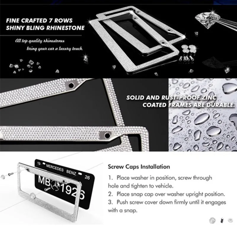 

Crystal License Plate Frame License Cover Holder Stainless Steel Women Handcrafted Rhinestone Car License Frame Plate
