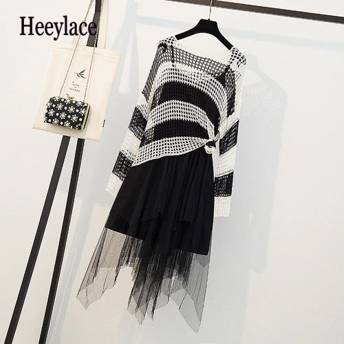 Размера плюс Осенняя трикотажная рубашка в полоску и асимметричное Сетчатое