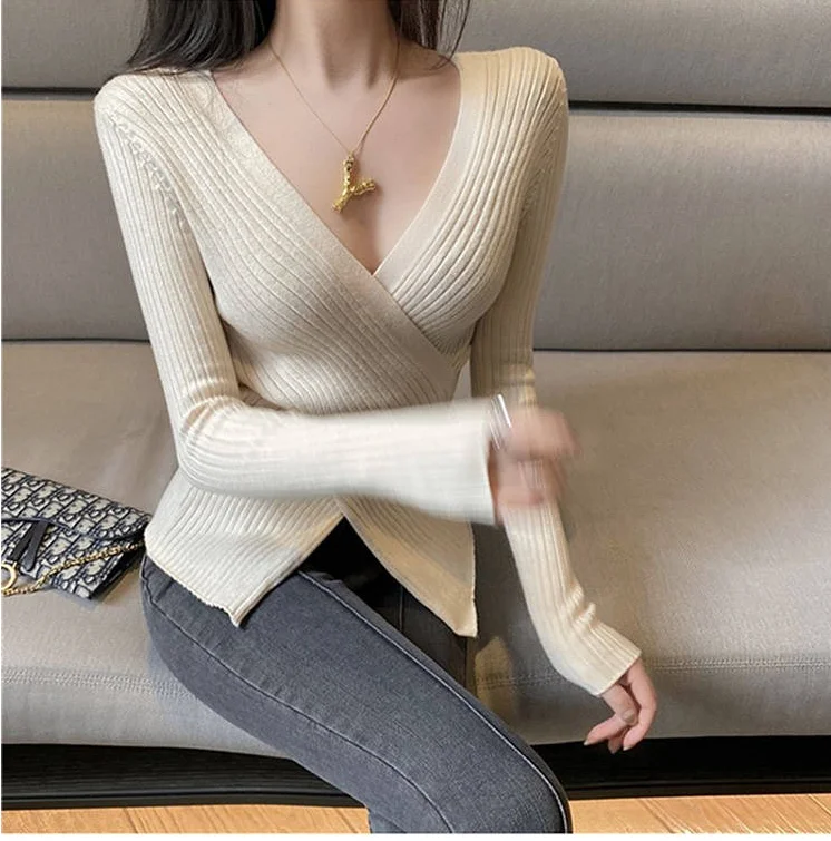 

2021 spring autumn pullover new sexy cross sweater V-neck slim slimming knit sweater women long-sleeved pullover