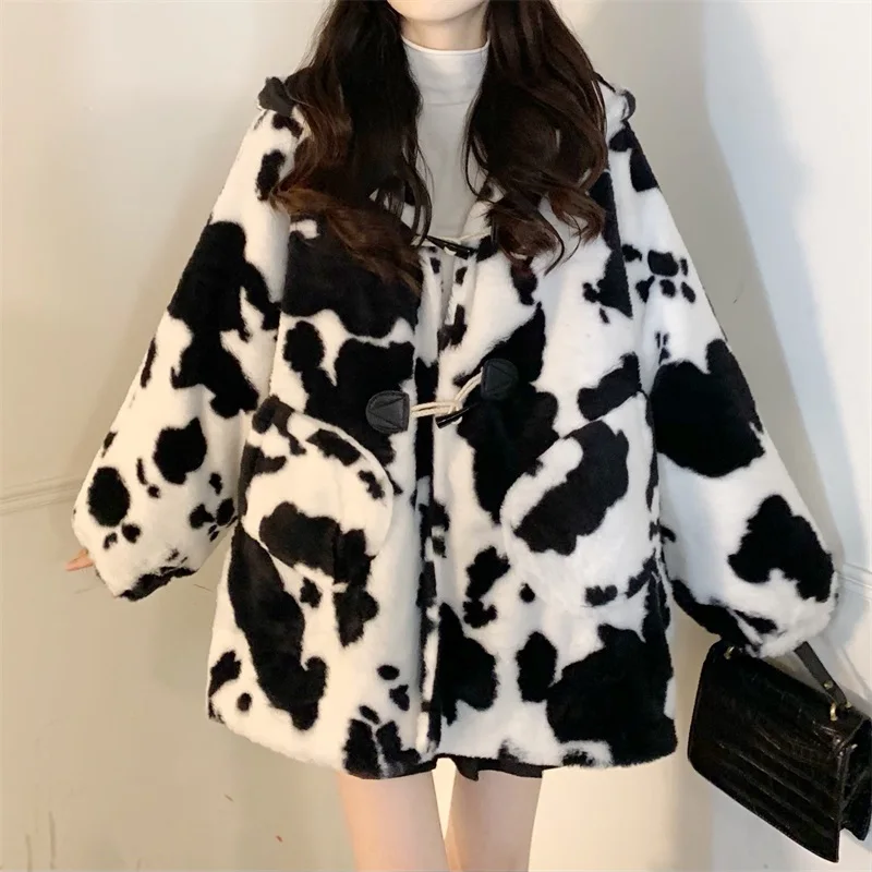 

Пальто для инструментов в стиле колледжа, утепленная куртка с капюшоном в стиле Харадзюку, винтажная хлопковая одежда с принтом коровы и пу...