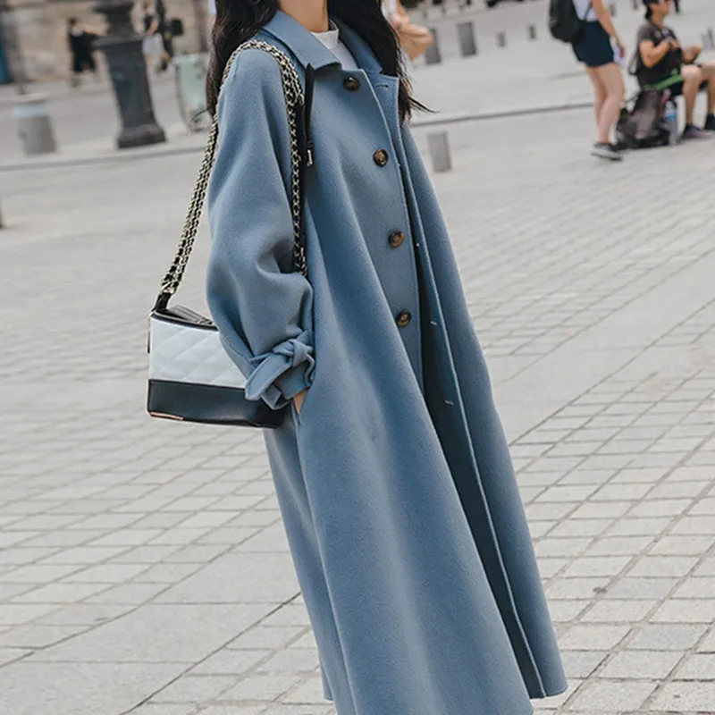 

Chic Blue Woolen Coat Women's Autumn Winter Long Jackets Clothing Korean Thickened College Style Student Belt Loose Woolen Coat