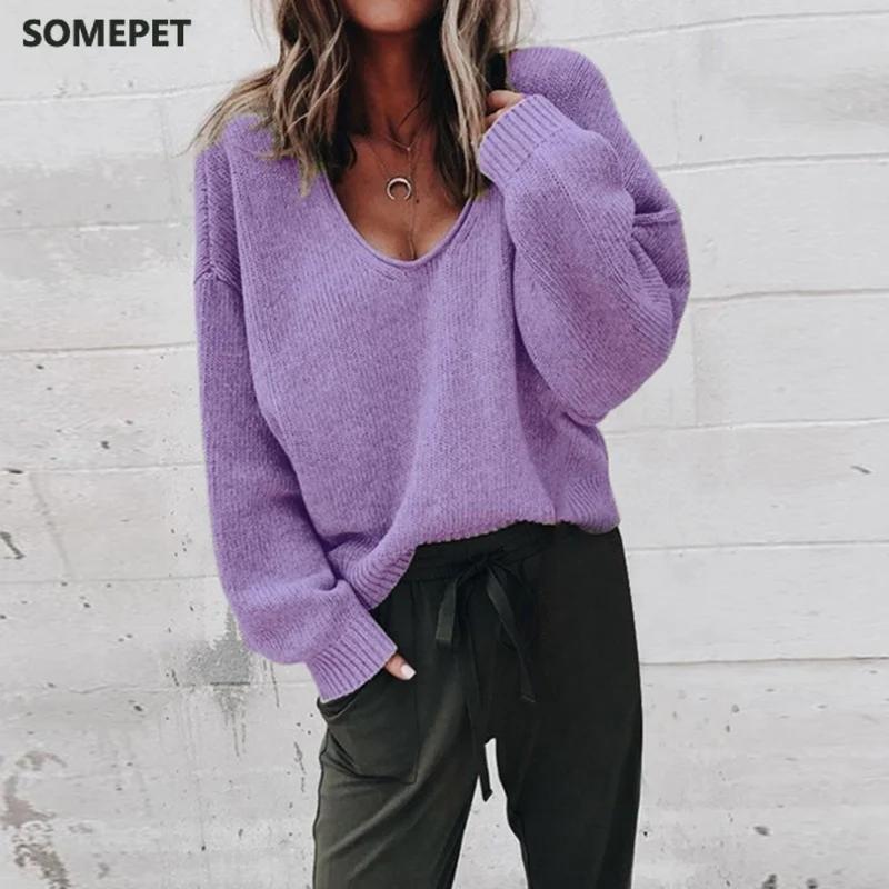 

Women Solid O Neck Knitted Sweater Autumn Winter Fashion Female Pullover Sweaters Ladies Loose Knitwear