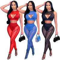 2022 mesh 2 piece set women see through hollow out top bodycon pants sports jogger female party club outfits female