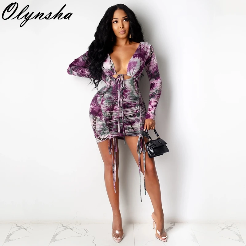 

Сексуальное мини-платье с v-образным вырезом, женское платье с длинным рукавом и цветочным принтом, офисные женские платья 2020, Осеннее круже...