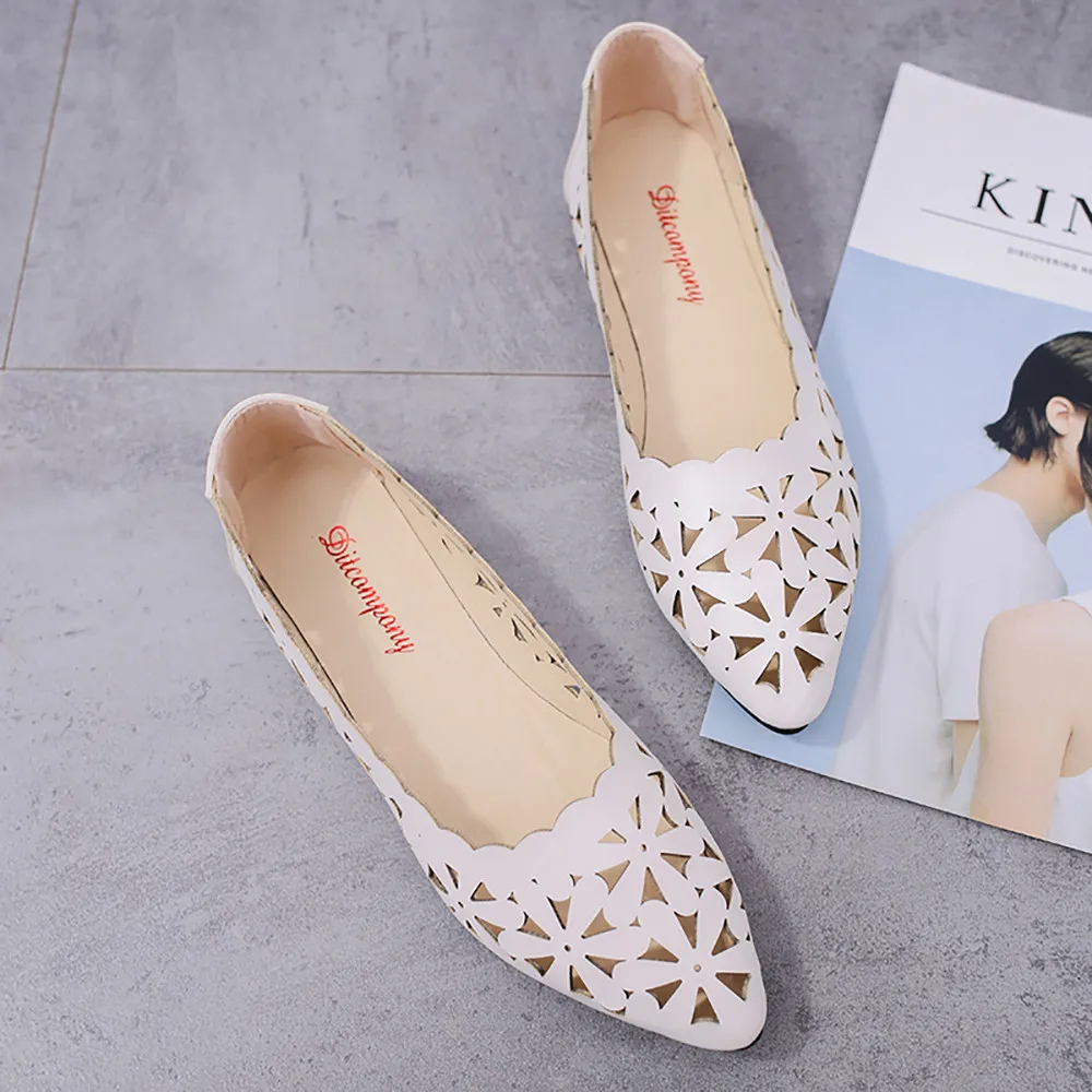 

maogu Fashion Women Flat Shoes Soft Casual Loafer Female Ballet Flat Sweet Hollow Slip on Work Shoe Breathable Ladies Leather