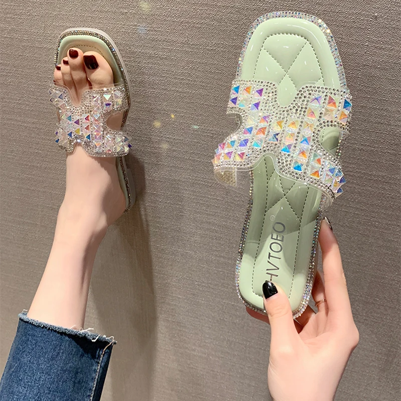 

Summer Ladies Slippers Flat Casual Sandals Open Toe Rhinestone Decoration Soft Beach Shoes Indoor House Women's Shoes 2021 New