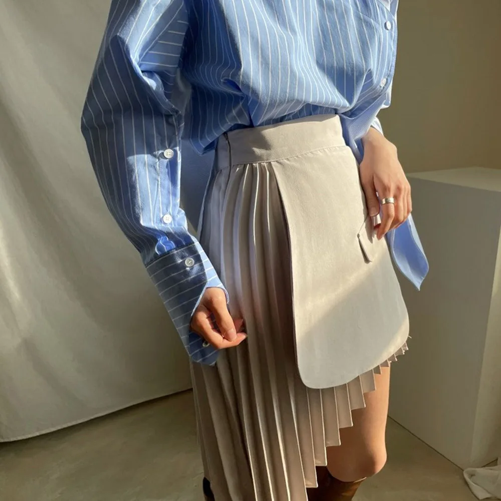 

Korean Chic Blouse Lapel Stripe Irregular Stitching Bevel Single-Breasted Long Sleeve Button Summer Spring Shirt