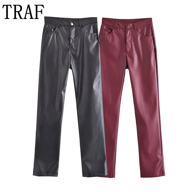 

TRAF Za 2021 Black Faux Leather Pants For Women Red High Waist Woman Trousers Fashion Streetwear Vintage Straight Leg Trousers