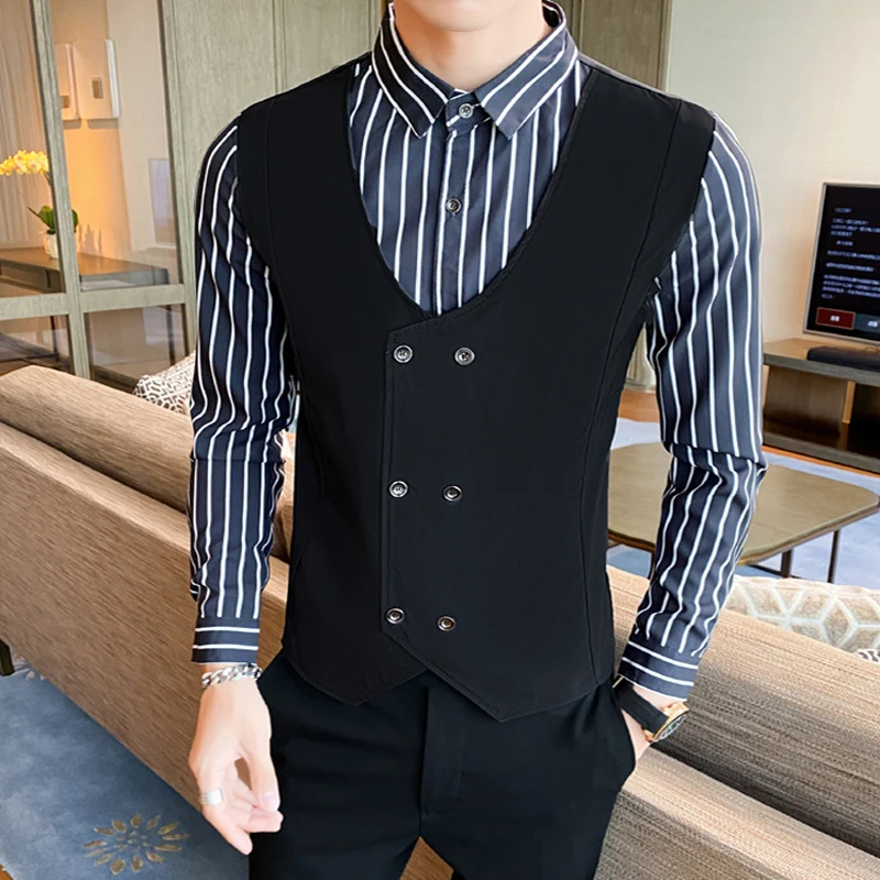 

Wedding Long Sleeve Formal Striped Shirts Men Double Breasted Slim Fit Male Korean Shirt Fake Two Design Patchwork Shirt+Vest