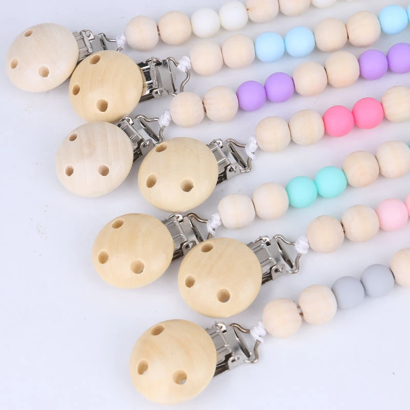 Baby Pacifier Clip Chain Silicone Beads Wooden Holder Soother Clips Nipple for Infant Bottle | Мать и ребенок