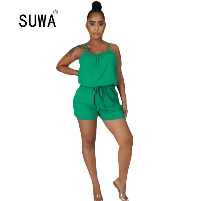 

SUWA 2020 new on summer simple women spaghetti strap high waist drawstring pocket short jumpsuit casual playsuit