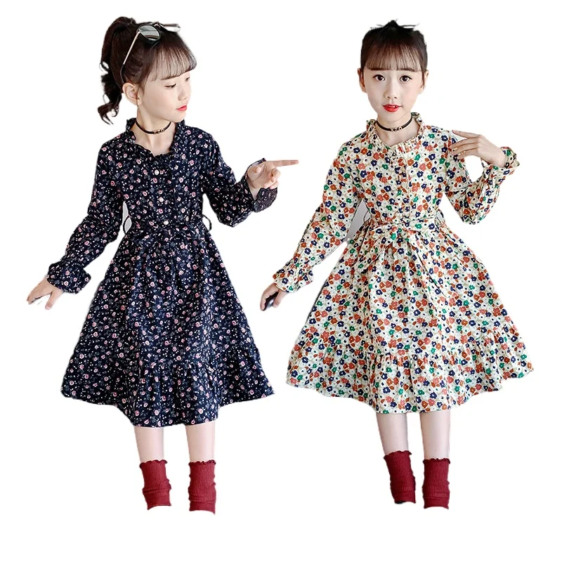 

Spring Autumn Birthday Party Girls Dress Flower Print Cotton Bow Clothes 4 5 6 7 8 9 10 11 12 13 14 Years Kids Ruffle Dresses