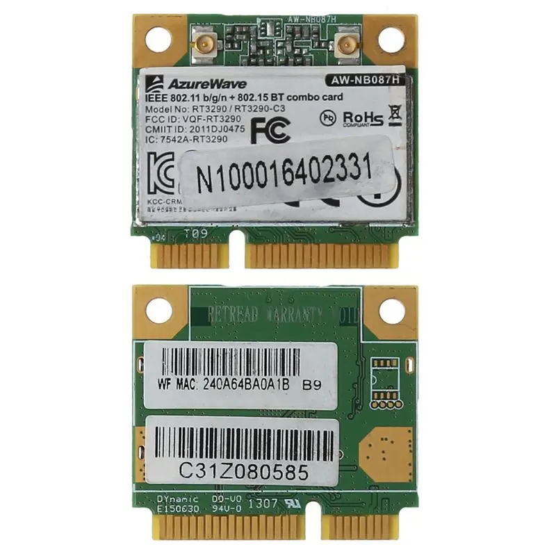 AW-NB087H Ralink RT3290 Чипсет IEEE 802 11 b/g/n 150 Мбит/с Bluetooth 3.0HS половина Размеры мини PCIe