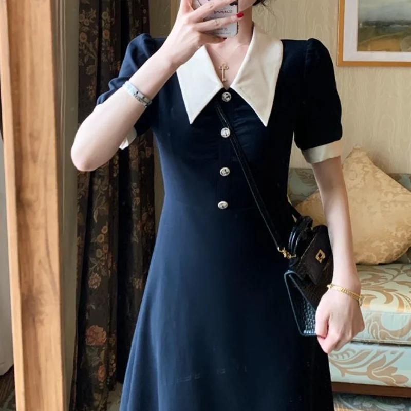 

Vintage Black Dress Women Elegant Designer Puff Sleeve A-LINE Dresses Casual Office Lady Party Clothing Korean Solid 2021 Summer