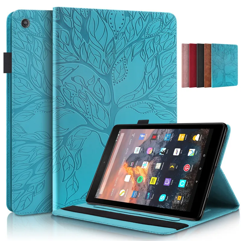 3D Tree Embossed for Amazon Fire HD 10 Case 2021 2019 PU Leather Flip Stand for Amazon Fire HD 10 Plus 2021 Case Tablet Cover