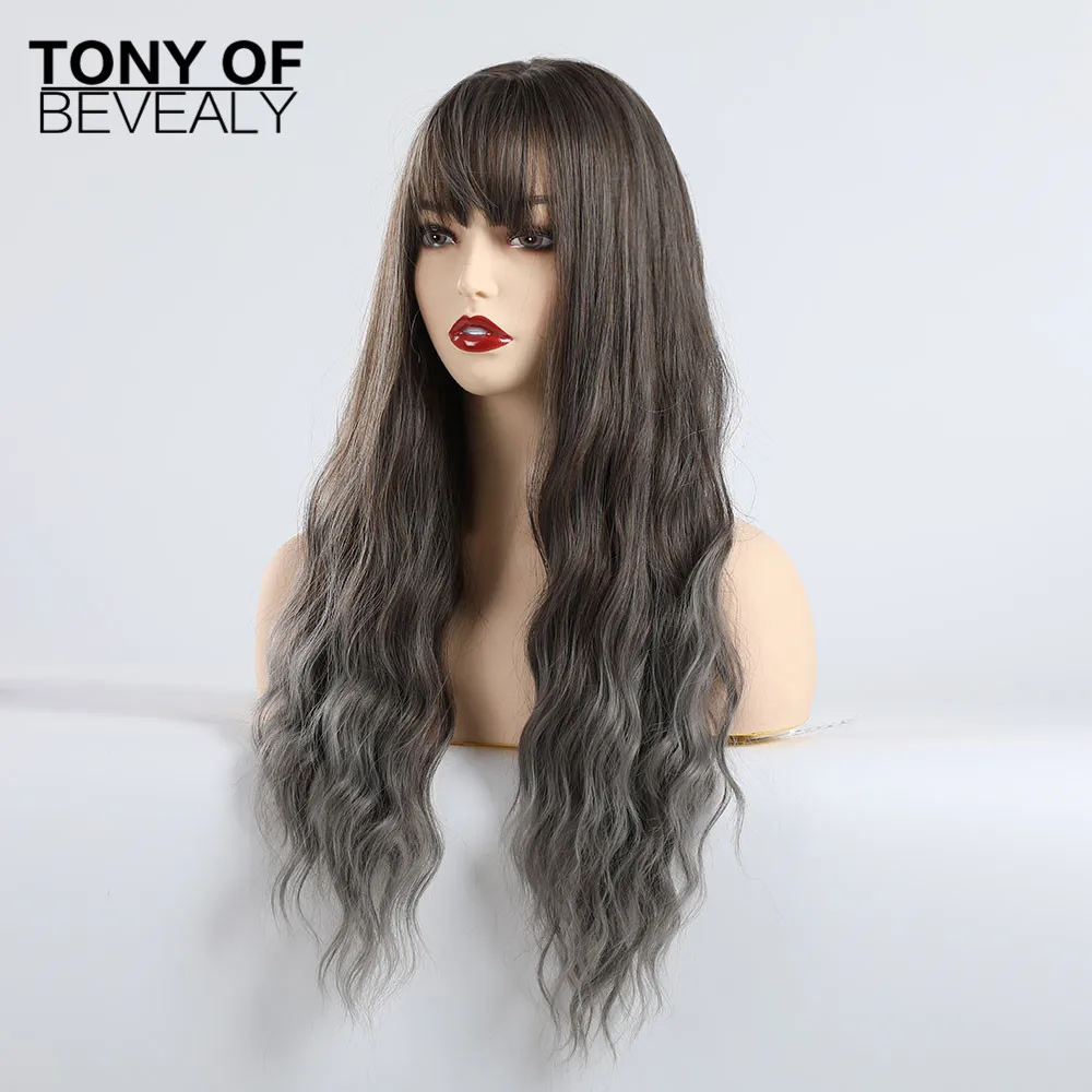 Синтетические длинные волнистые афро натуральные волосы парики с челкой для