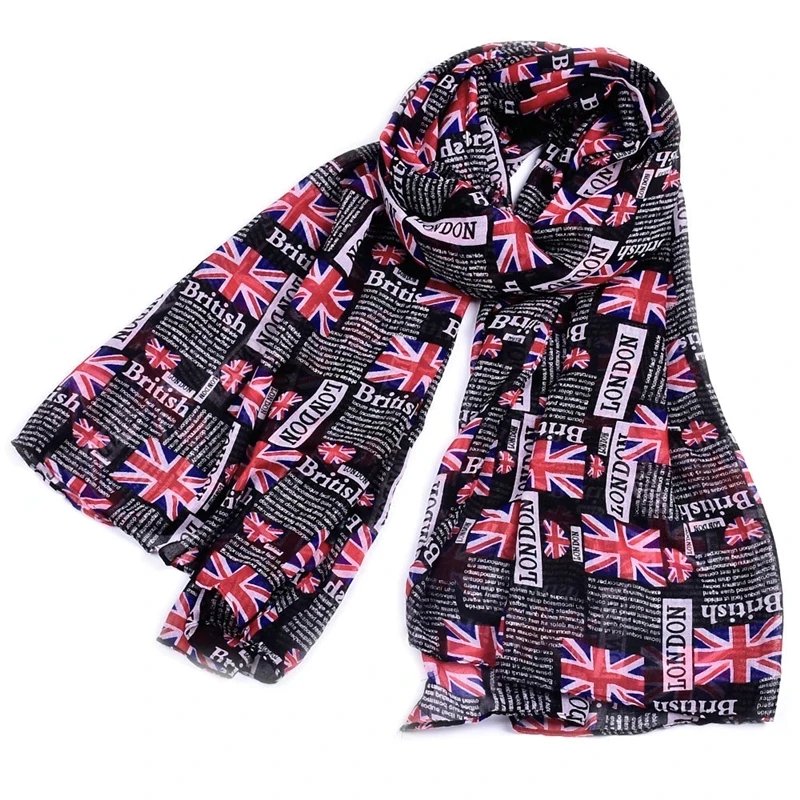 

Woman Luxury Brand UK British Flag Scarf London Letters Union Jack Shawl Chiffon Hijab Scarf with Pendant Big Warm Winter Scarf