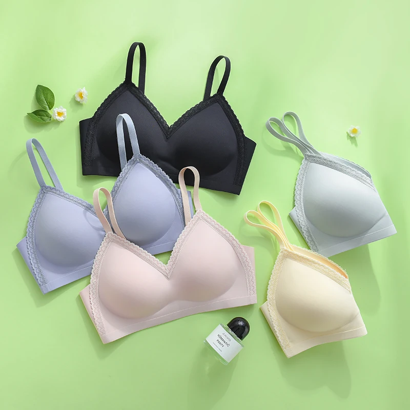 Asha&Vicki Natural Latex Health Care Underwear Lace Sexy Seamless Stitching Gather Up Support No Steel Ring Pure Color Bra Women