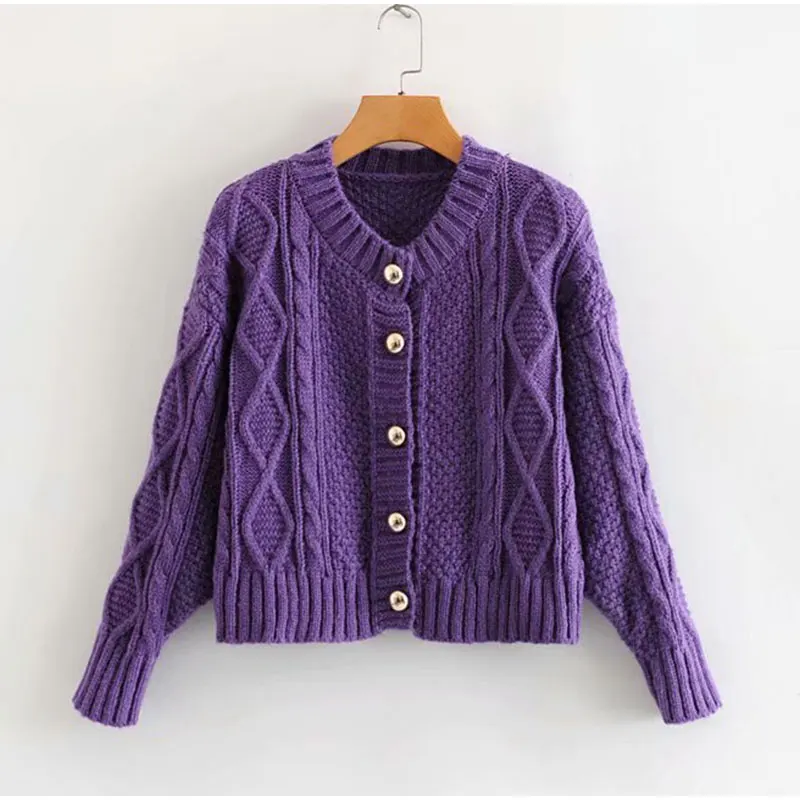 Women Retro Rib Cropped Cardigans Sweaters With Button Female Thick Loose Short Sweater V-Neck Long Sleeve Knitted |