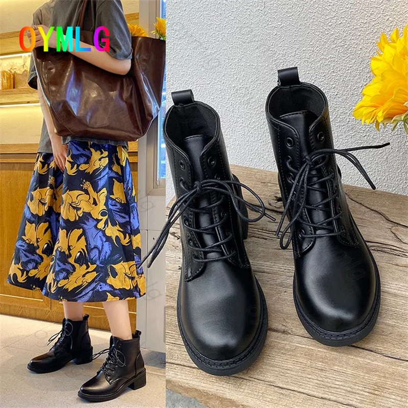

2021 autumn and winter new Korean style lace-up short-tube fashion boots mature fashion leather boots warm mid-heel female boots