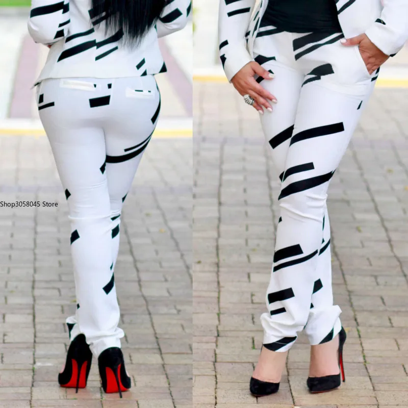 Женская модная черно-белая полосатая Наплечная куртка с принтом + брюки |