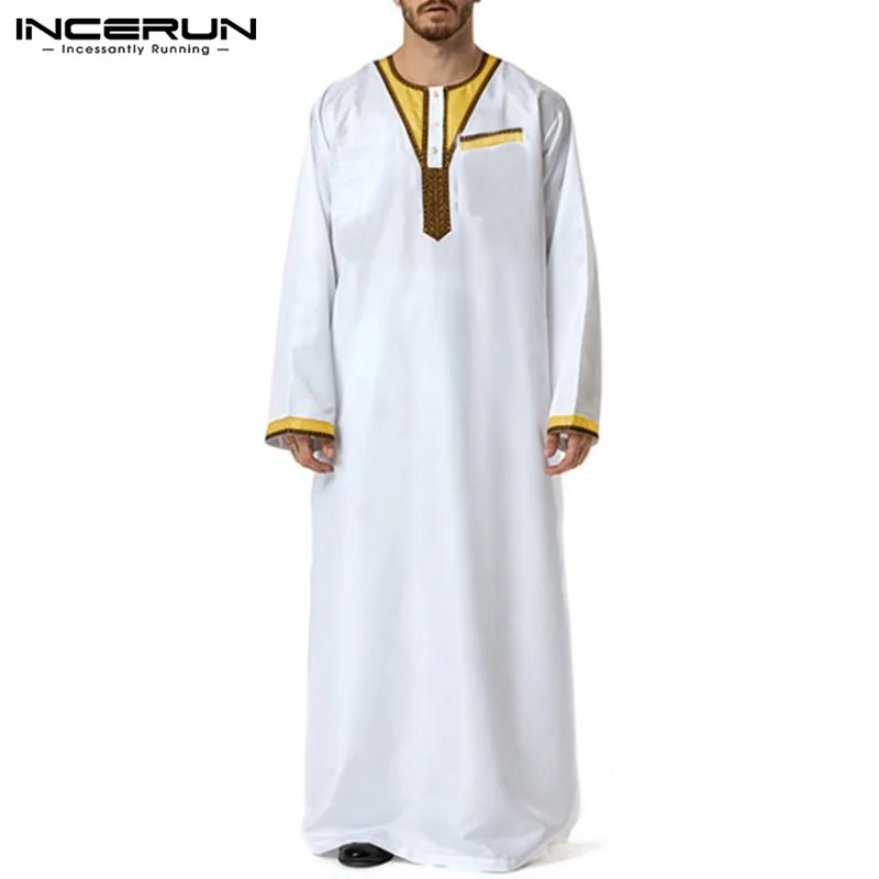 

Мужская мусульманская одежда INCERUN Jubba Thobe с длинным рукавом Пэчворк с круглым вырезом свободные халаты Ближний Восток исламский Арабский Ка...