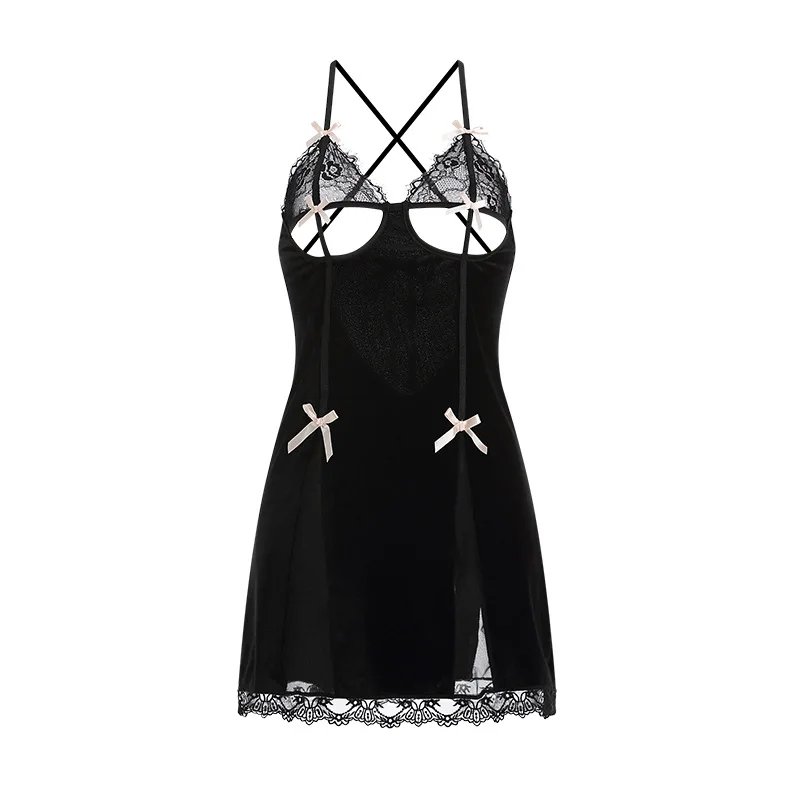 Sexy Sleepwear Women Lace Winter velvet Nightgown V-neck Chest Pad BeautyBack Female Nightwear Satin Suspender Nightdress