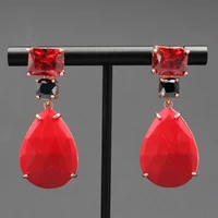 red jade red colorful crystal aventurine rose gold color bezel set real stone dangle earrings for women
