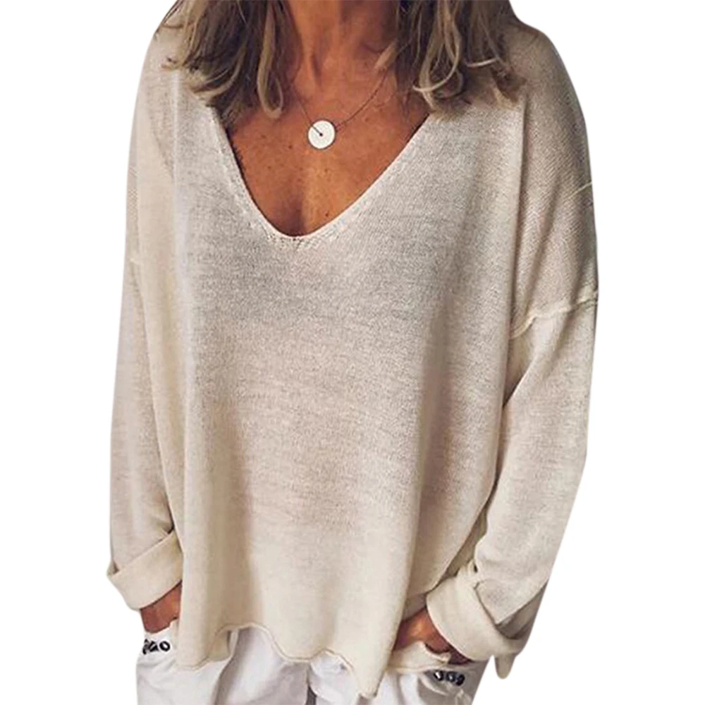 

Autumn Plus Size Solid Color Women T Shirts Long Sleeve V-Neck Simple Tee Tops Loose Casual Ladies Clothing